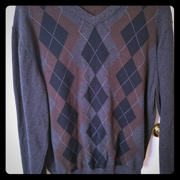 Men's V-Neck Argyle Sweater - Gray and Brown - Picture 1 of 6